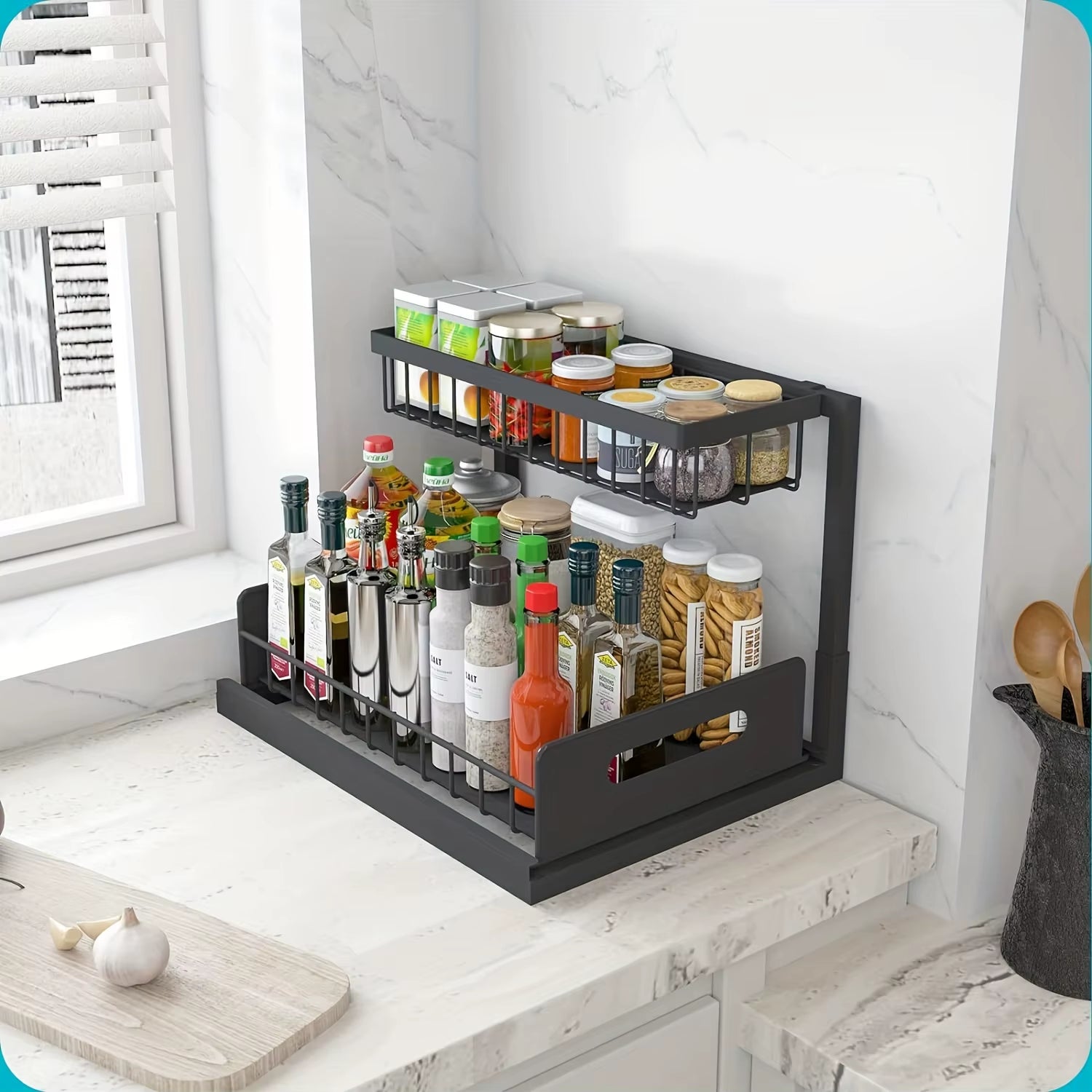 Maximize Your Space with Our Versatile 2-Tier Pull-Out Under Sink Organizer - Perfect for Streamlined Storage!