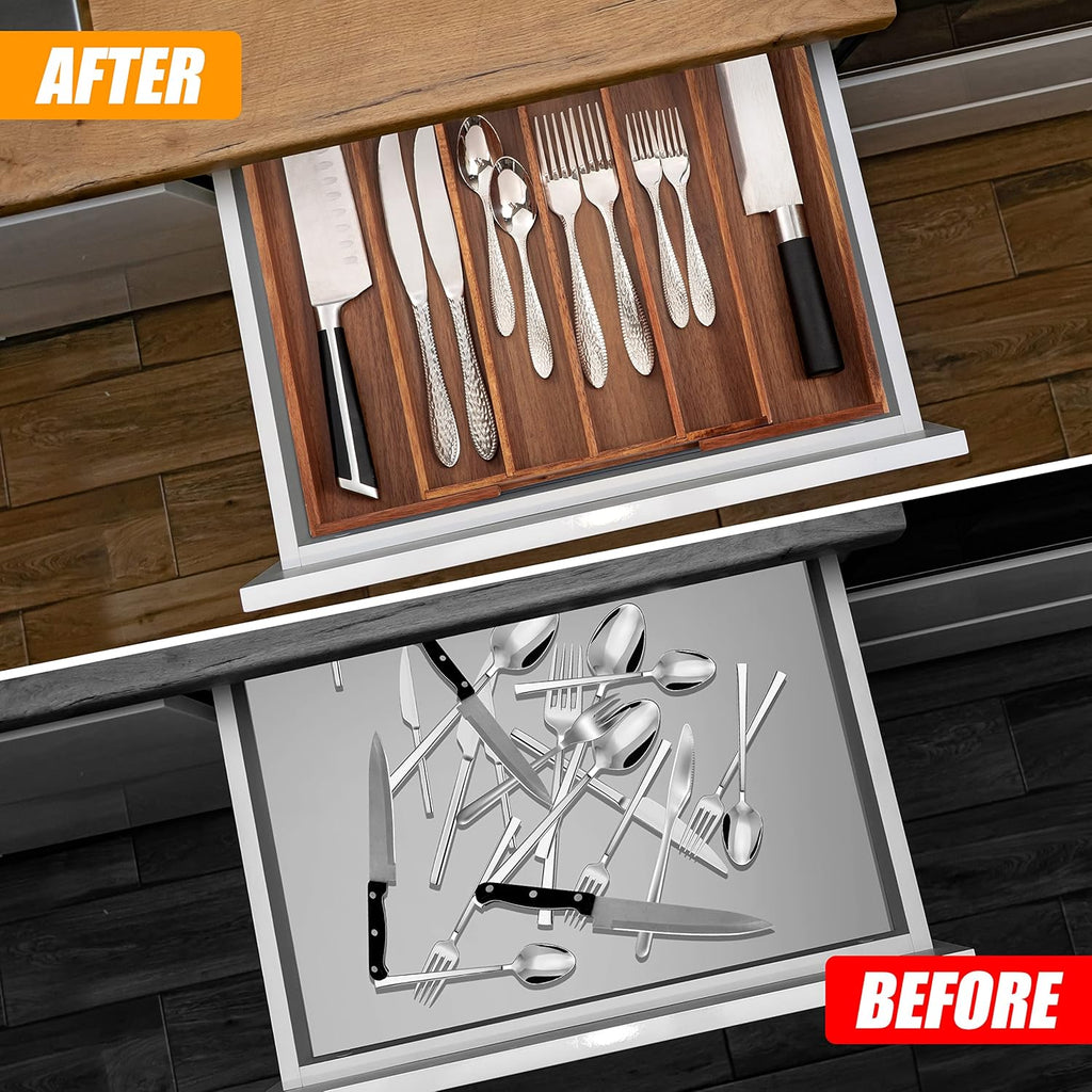Stylish Acacia Silverware Organizer - Expandable Kitchen Drawer Storage for Utensils and Flatware