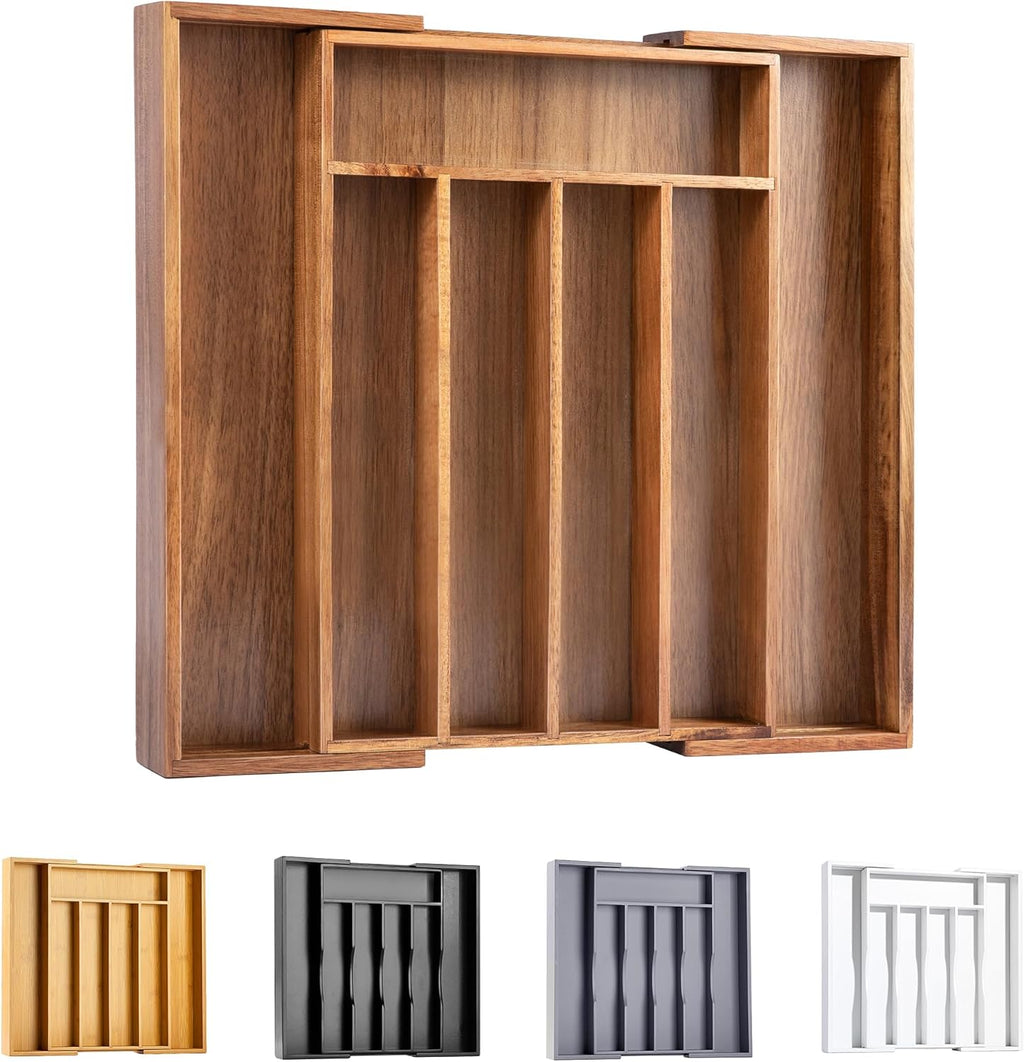 Stylish Acacia Silverware Organizer - Expandable Kitchen Drawer Storage for Utensils and Flatware