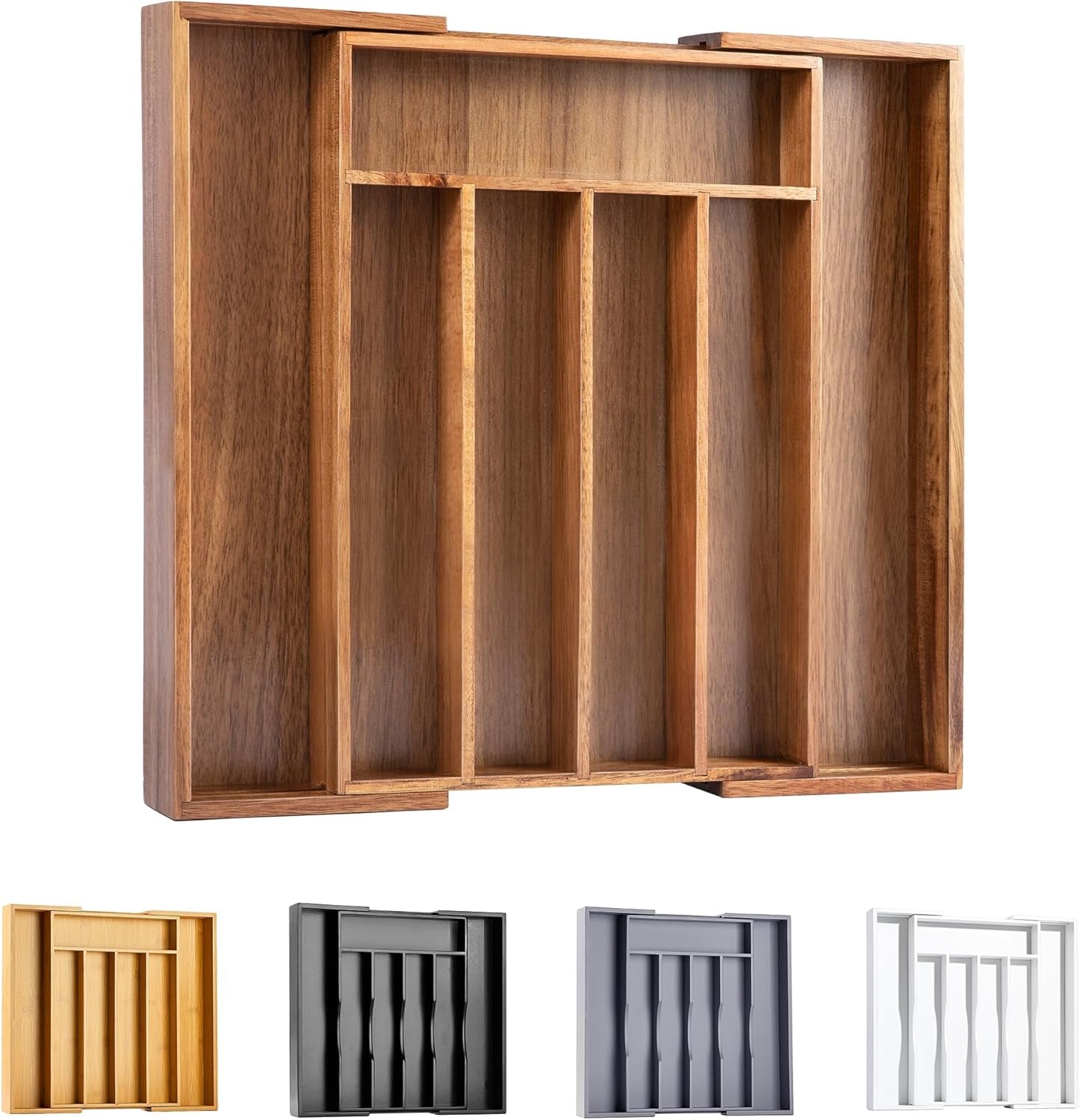 Stylish Acacia Silverware Organizer - Expandable Kitchen Drawer Storage for Utensils and Flatware