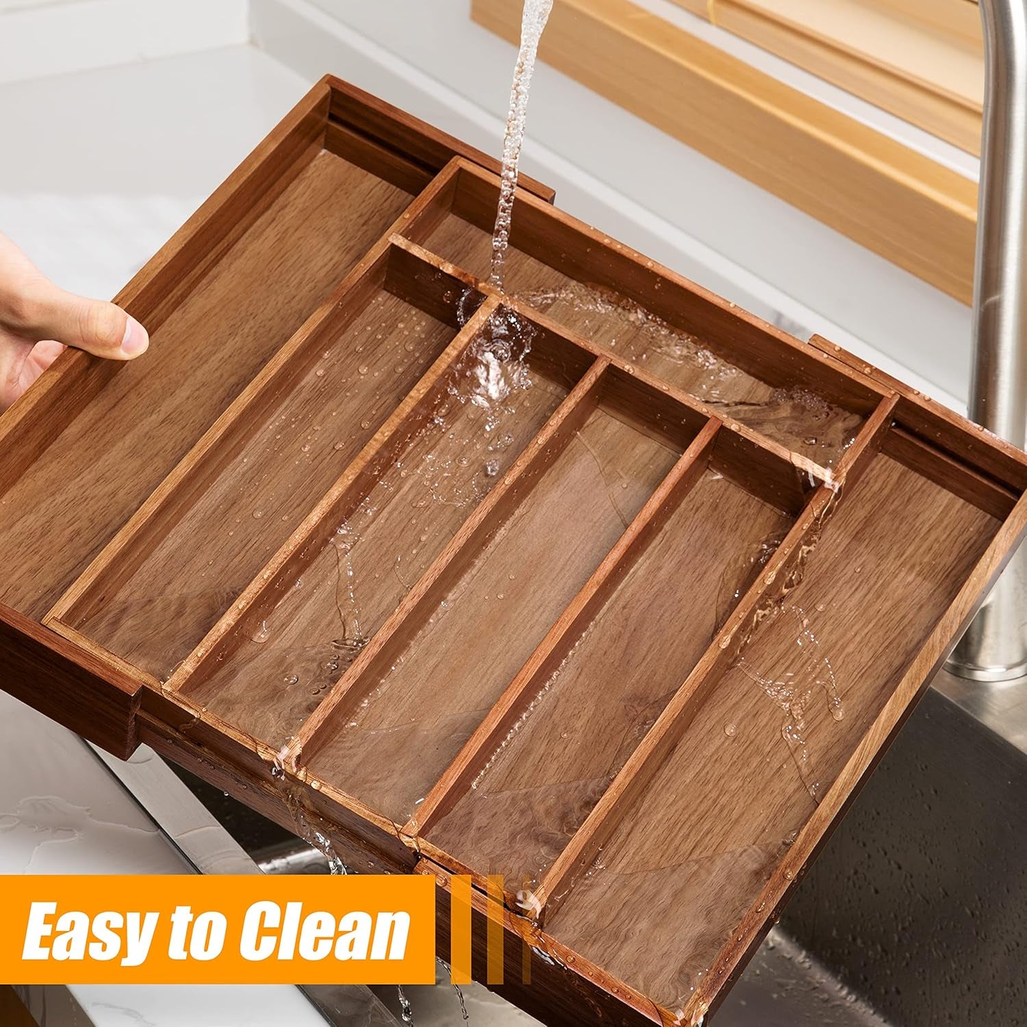 Stylish Acacia Silverware Organizer - Expandable Kitchen Drawer Storage for Utensils and Flatware