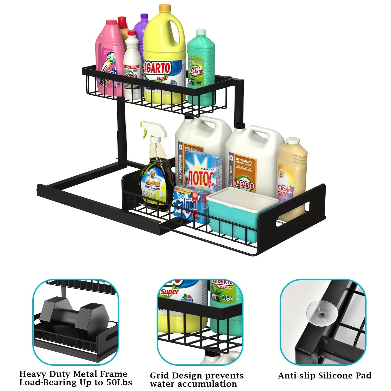 Maximize Your Space with Our Versatile 2-Tier Pull-Out Under Sink Organizer - Perfect for Streamlined Storage!