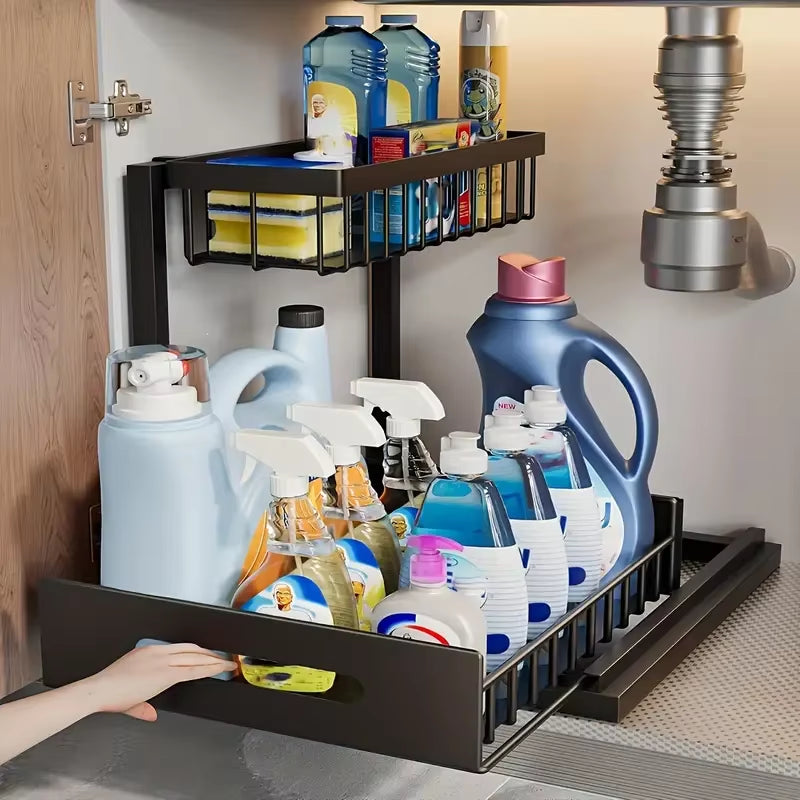 Maximize Your Space with Our Versatile 2-Tier Pull-Out Under Sink Organizer - Perfect for Streamlined Storage!