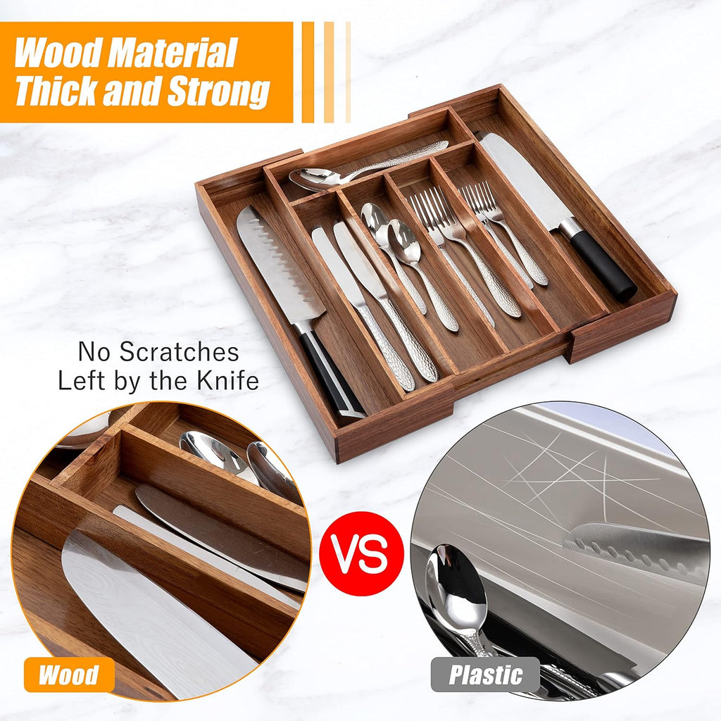 Stylish Acacia Silverware Organizer - Expandable Kitchen Drawer Storage for Utensils and Flatware