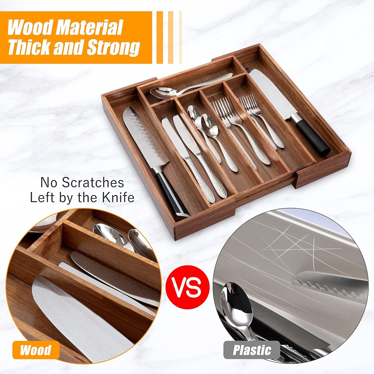 Stylish Acacia Silverware Organizer - Expandable Kitchen Drawer Storage for Utensils and Flatware