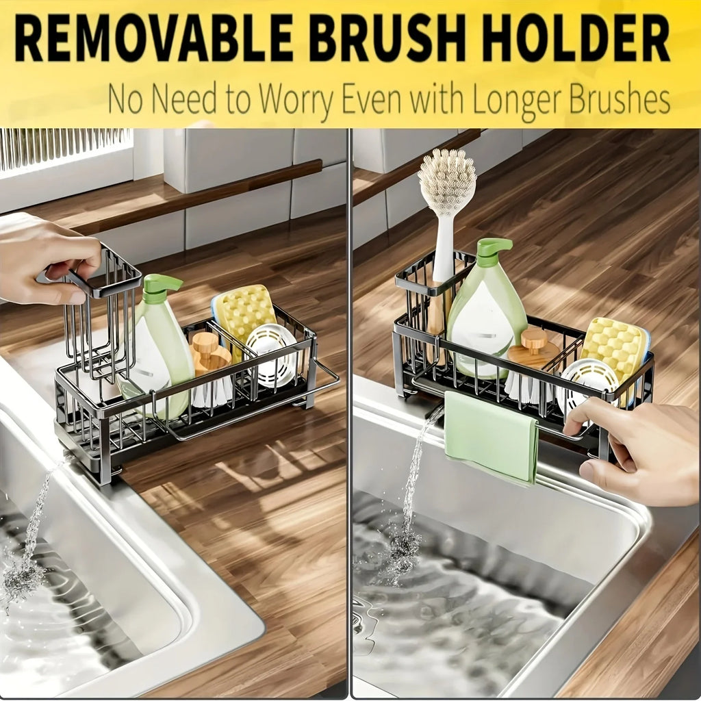 Elevate Your Kitchen Organization with Our Auto Draining Sponge Holder and Sink Caddy - Includes Removable Brush Holder!