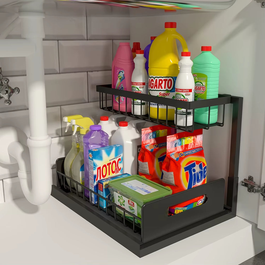 Maximize Your Space with Our Versatile 2-Tier Pull-Out Under Sink Organizer - Perfect for Streamlined Storage!
