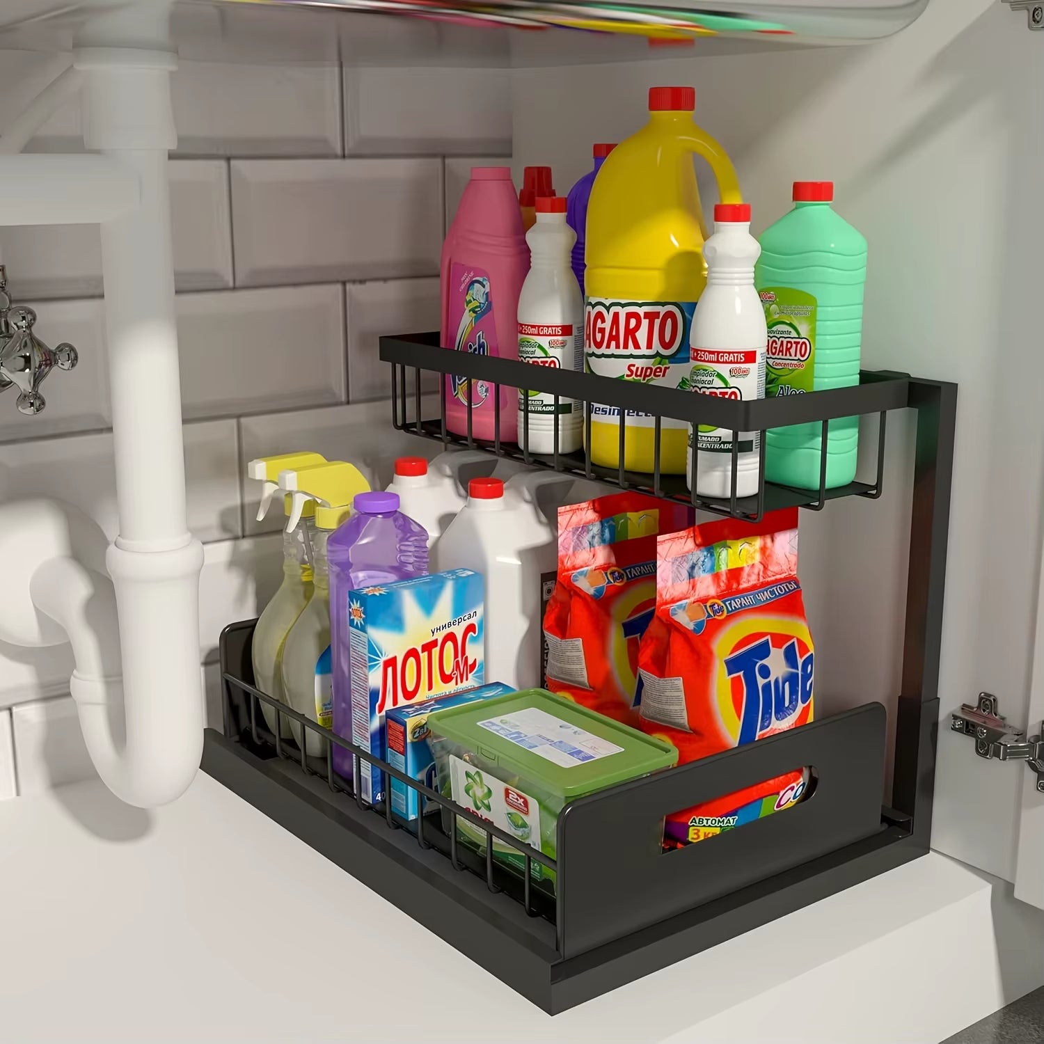Maximize Your Space with Our Versatile 2-Tier Pull-Out Under Sink Organizer - Perfect for Streamlined Storage!