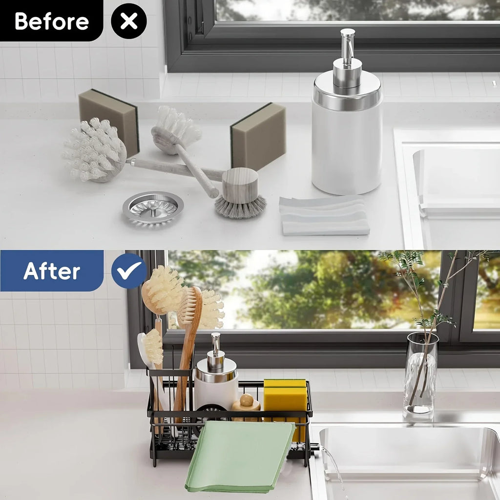 Elevate Your Kitchen Organization with Our Auto Draining Sponge Holder and Sink Caddy - Includes Removable Brush Holder!